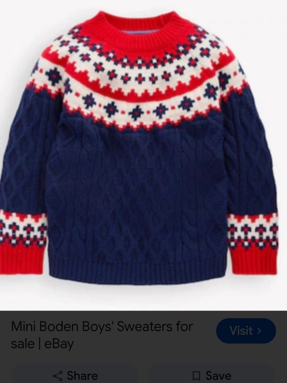 MINI BODEN KIDS WOOL-BLEND CABLE KNIT FAIR ISLE SWEATER  /5-6 YEARS /116 CM